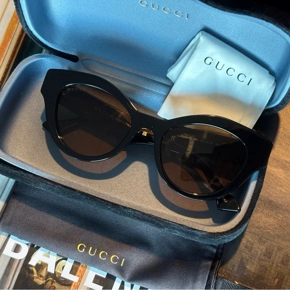 Gucci 💅✨ Black Designer GG Cat Eye Sunglasses Italy GG0957S 003 52-19-145 NEW - Picture 6 of 12